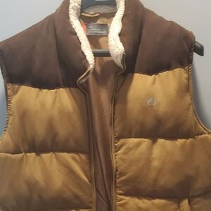 Men’s Brown and Tan Quilted Puffer Vest with Shearling Collar